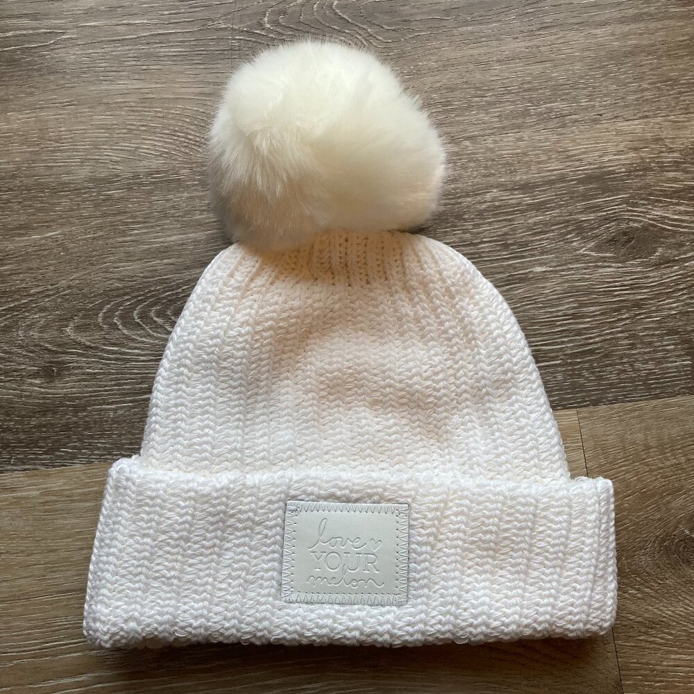 LYM White Knit Beanie with Pompom